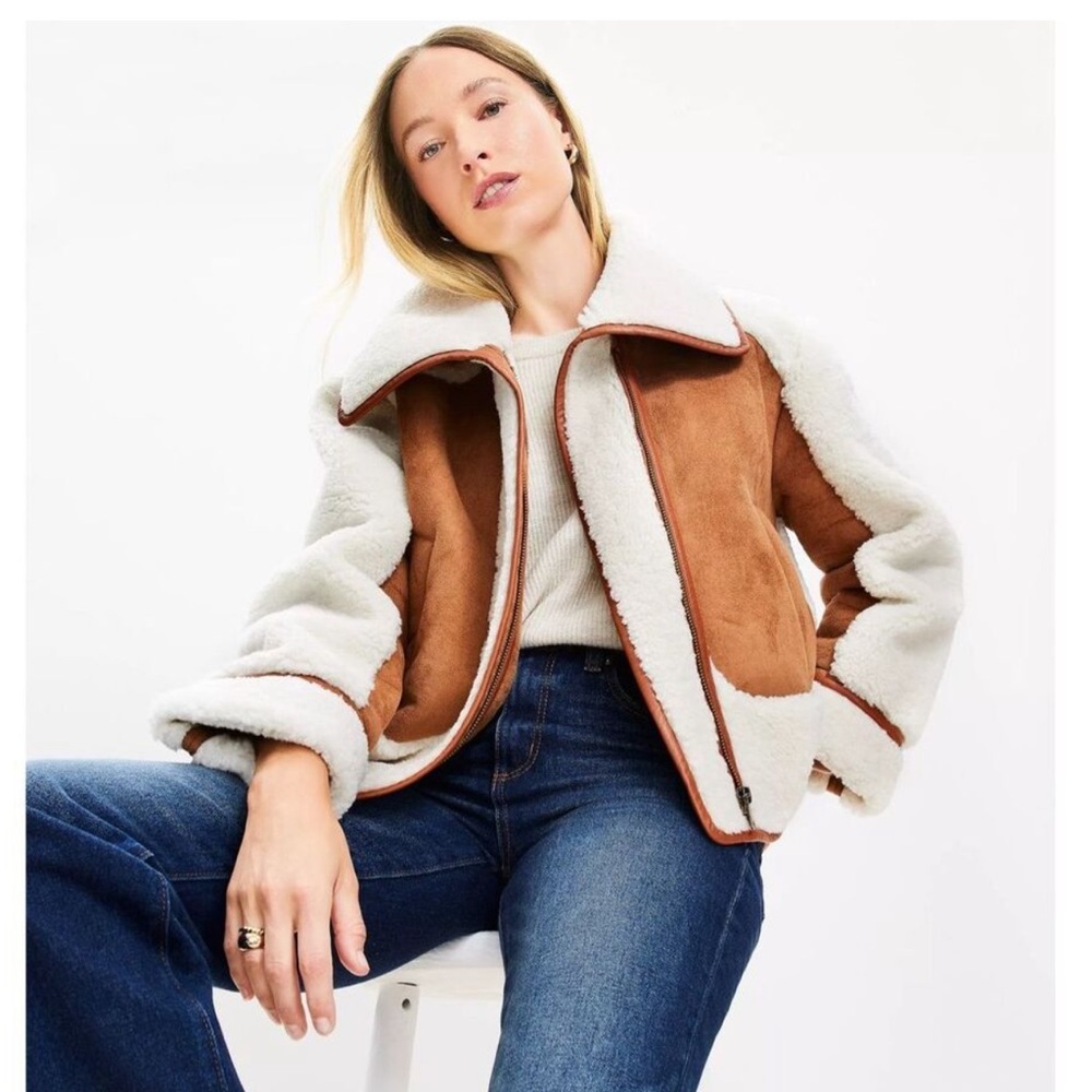LOFT Cream and Brown Faux Shearling Moto Jacket NWT - Picture 2 of 8